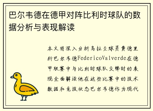 巴尔韦德在德甲对阵比利时球队的数据分析与表现解读 巴尔韦德在德甲对阵比利时球队的数据分析与表现解读